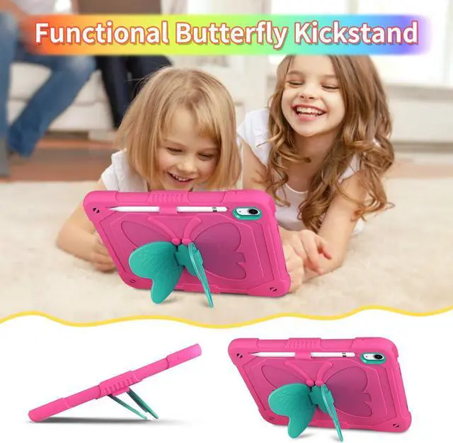 Alt view image 5 of 5 - WESADN for iPad 10th Generation Case 2022 for Kids Girls with Screen Protector/Butterfly Kickstand/Lanyard/Keychain/Pencil Holder Shockproof Rugged Tablet Cover for iPad 10th Gen 10.9'' Rose Red