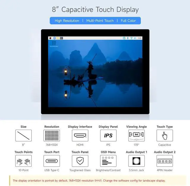 Alt view image 3 of 5 - waveshare 8inch HDMI Display Monitor, Compatible with Raspberry Pi 5, 768×1024, IPS Panel, 10-Point Touch,Supports All Vversion Raspberry Pi, Supports Windows/Jetson Nano