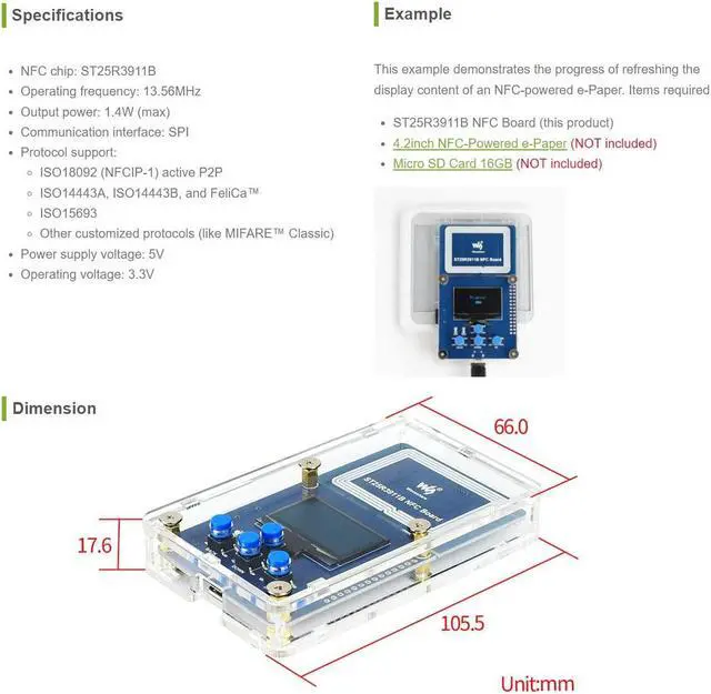 Alt view image 5 of 5 - Waveshare ST25R3911B NFC Development Kit with AT32F413RCT7 Controller NFC Reader OLED Display Supports Multi NFC Protocols