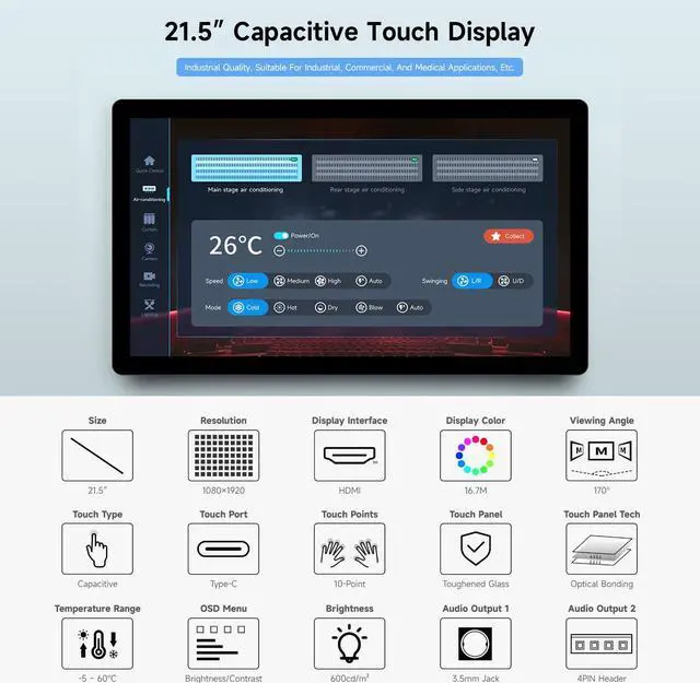 Alt view image 3 of 5 - Waveshare 21.5inch Capacitive Touch Display, Compatible with Raspberry Pi 5/4B/3B/Zero/Zero w, Support Jetson Nano/Windows 11/10 / 8.1/8 / 7, 1080x1920 Full HD