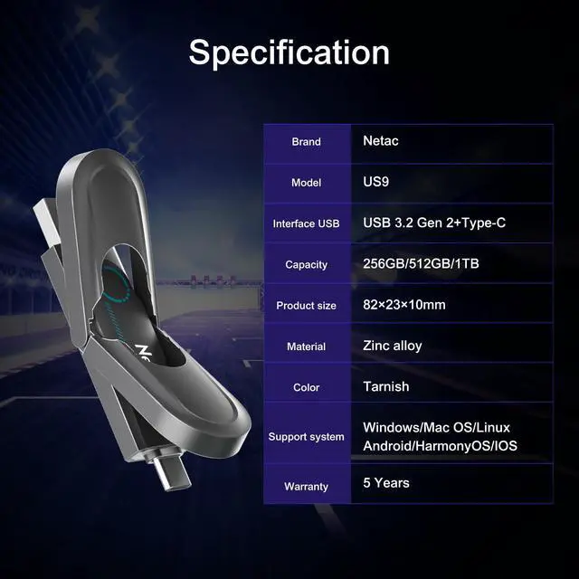 Alt view image 3 of 5 - Netac 256GB Portable External USB Solid State Drive, up to 1,000MB/s Type-c and USB 3.2 Dual Interface for Different Data Storage, Expansion of Storage for Photos/Videos/Music/Files, US9