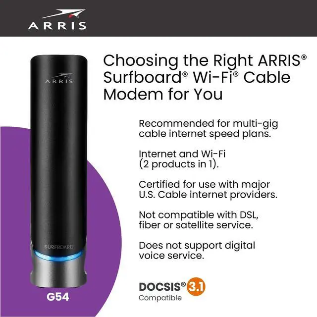 Alt view image 3 of 5 - ARRIS (G54) - Cable Modem Router Combo - Fast DOCSIS 3.1 Multi-Gigabit & BE 18000 WiFi 7 Comcast Xfinity, Cox, Spectrum Quad-Band 1, Up to 18 Gbps Max Speed