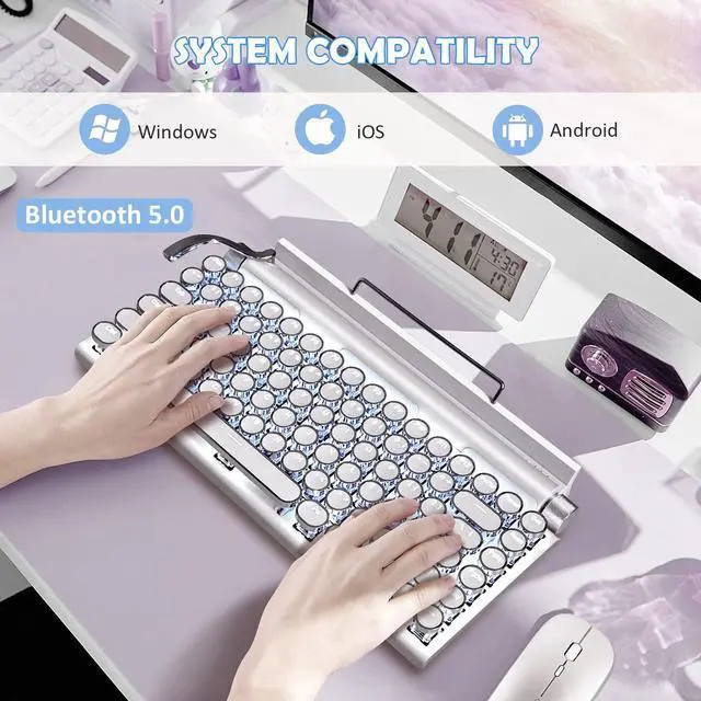Alt view image 3 of 5 - Retro Typewriter Keyboard, 83 Keys Vintage Keyboard with Blue Switches, Multi Device Gaming Mechanical Keyboard, for Windows, Android, iOS (White)