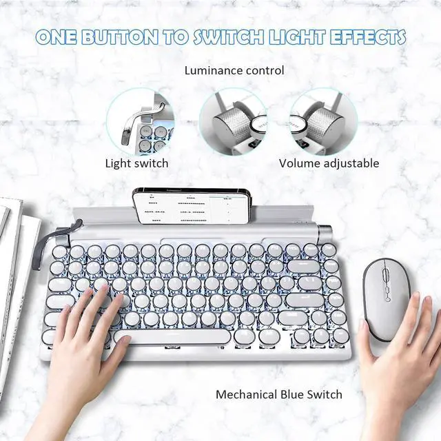 Alt view image 4 of 5 - Retro Typewriter Keyboard, 83 Keys Vintage Keyboard with Blue Switches, Multi Device Gaming Mechanical Keyboard, for Windows, Android, iOS (White)