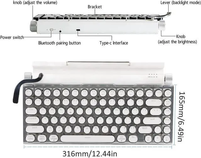 Alt view image 5 of 5 - Retro Typewriter Keyboard, 83 Keys Vintage Keyboard with Blue Switches, Multi Device Gaming Mechanical Keyboard, for Windows, Android, iOS (White)