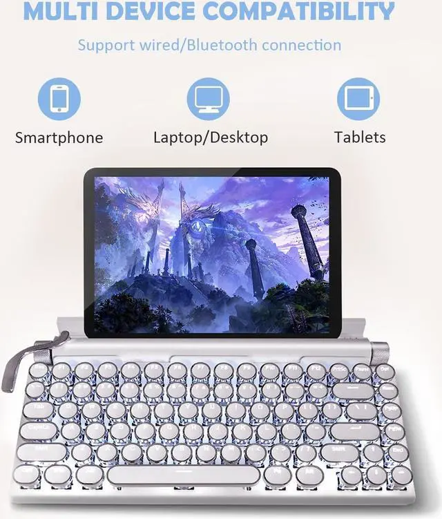 Alt view image 2 of 5 - Retro Typewriter Keyboard, 83 Keys Vintage Keyboard with Blue Switches, Multi Device Gaming Mechanical Keyboard, for Windows, Android, iOS (White)