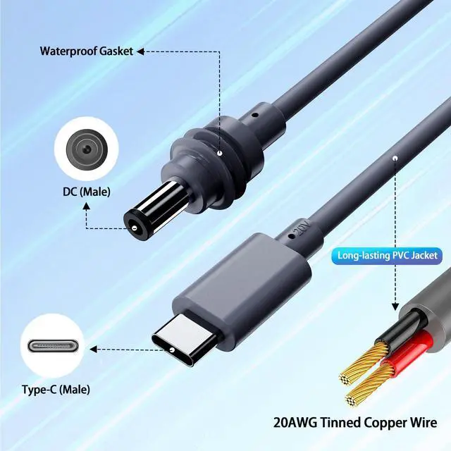 Alt view image 5 of 5 - ABOUSHE Starlink Mini Cable 16.4FT, USB C to DC Power Cable 100W Input USB Type C to DC Cable for Starlink Mini Work with 65W+ Power Bank and PD Charger Waterproof