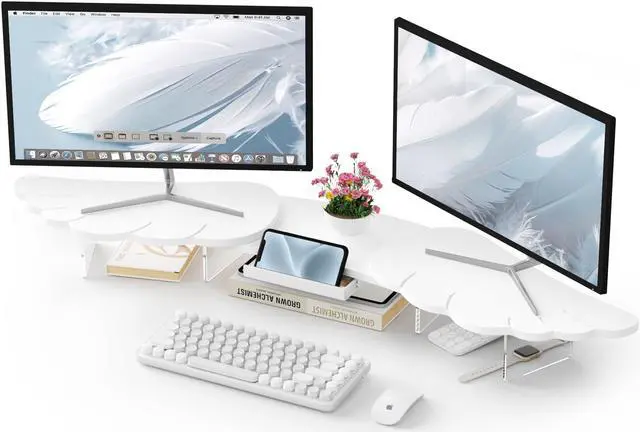 Main image of AFOOYO Dual Monitor Stand Riser, Wing-Shaped Sturdy Desktop Wood Stand for 2 Monitors, White Riser for Laptop, PC, Computer