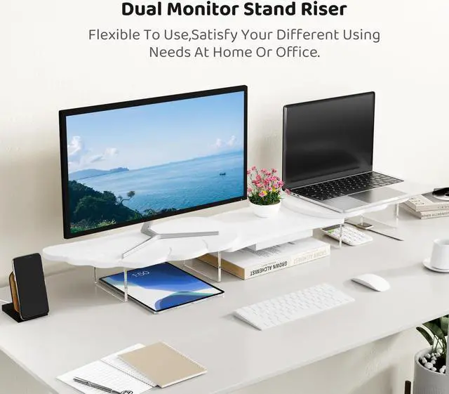 Alt view image 2 of 5 - AFOOYO Dual Monitor Stand Riser, Wing-Shaped Sturdy Desktop Wood Stand for 2 Monitors, White Riser for Laptop, PC, Computer