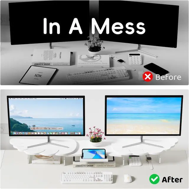 Alt view image 3 of 5 - AFOOYO Dual Monitor Stand Riser, Wing-Shaped Sturdy Desktop Wood Stand for 2 Monitors, White Riser for Laptop, PC, Computer