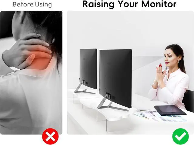 Alt view image 4 of 5 - AFOOYO Dual Monitor Stand Riser, Wing-Shaped Sturdy Desktop Wood Stand for 2 Monitors, White Riser for Laptop, PC, Computer