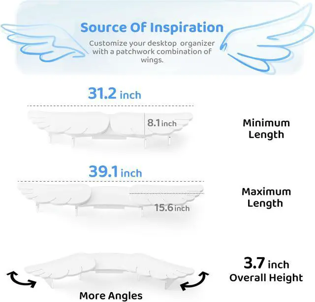 Alt view image 5 of 5 - AFOOYO Dual Monitor Stand Riser, Wing-Shaped Sturdy Desktop Wood Stand for 2 Monitors, White Riser for Laptop, PC, Computer