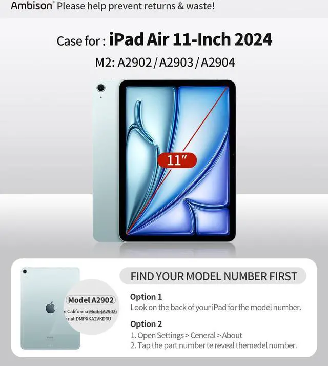Alt view image 2 of 5 - Ambison Case for iPad Air 11'' M3/M2 2025/2024, iPad Air 7th/6th Generation Case, [Kids Proof] Heavy Duty with 9H Tempered Glass Screen Protector, 360° Rotatable Kickstand/Hand Strap (Steel Blue)