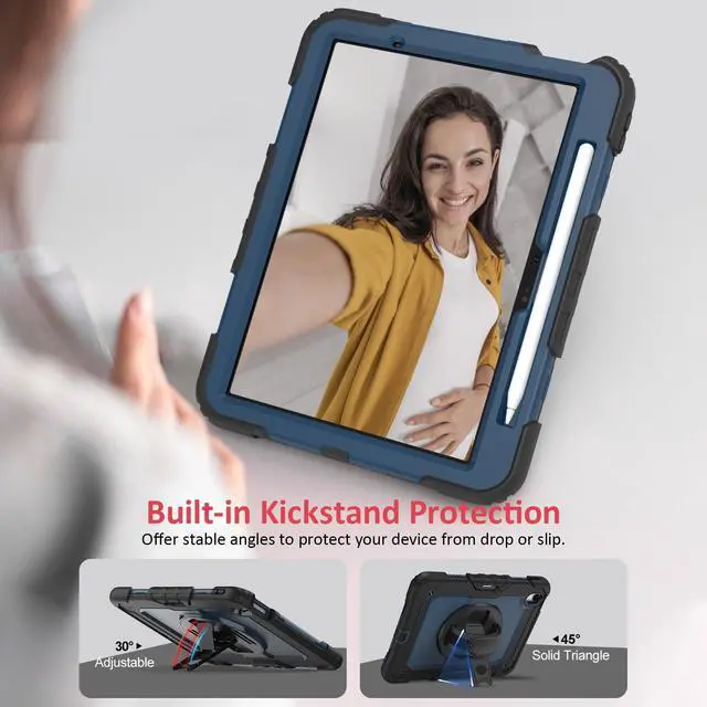 Alt view image 5 of 5 - Ambison Case for iPad Air 11'' M3/M2 2025/2024, iPad Air 7th/6th Generation Case, [Kids Proof] Heavy Duty with 9H Tempered Glass Screen Protector, 360° Rotatable Kickstand/Hand Strap (Steel Blue)