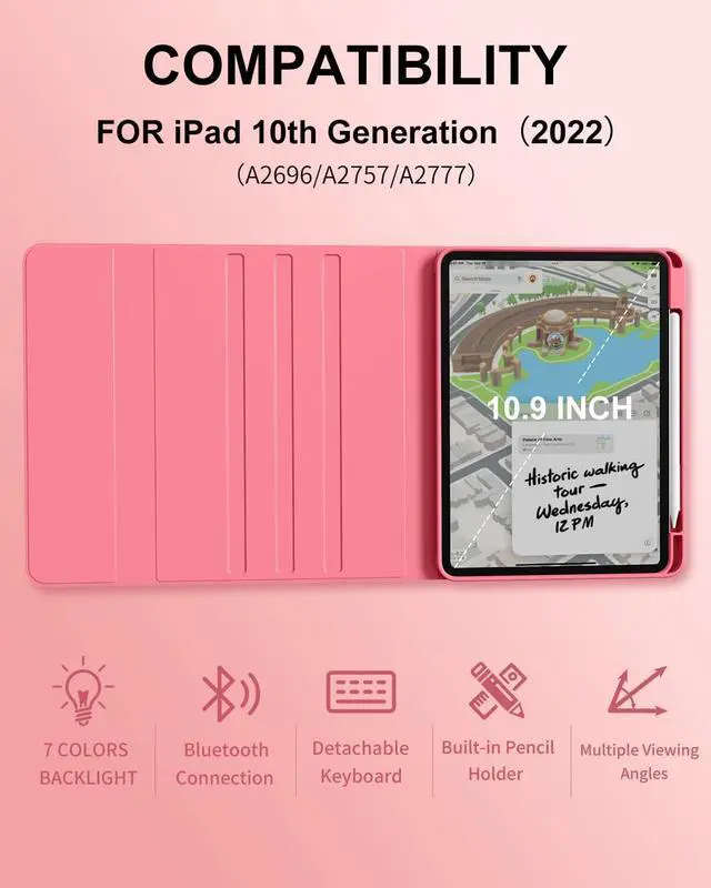 Alt view image 2 of 5 - aoub for iPad 11th 10th Generation Case with Keyboard -7 Color Backlit Wireless Detachable Keyboard, Folio Cover with Pencil Holder for iPad (A16) 11 inch 2025/10th Gen 10.9 inch 2022, Pink