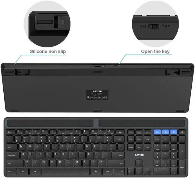 Alt view image 4 of 5 - Arteck Solar Bluetooth Keyboard, Universal Multi-Device Full Size Wireless Keyboard for Windows iOS Android Computer Desktop PC Laptop Surface Tablet Smartphone Rechargeable Battery