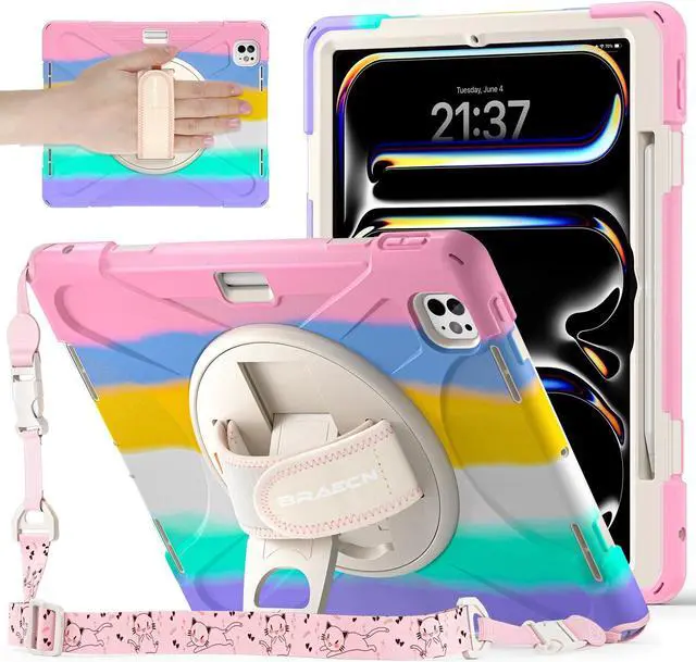 Main image of BRAECNstock Kids Case for Apple iPad Pro 13 inch 2024 (M4 7th Gen),Shockproof Protective iPad 13 Pro Case with Pen Holder [360 Rotating Hand Strap & Stand], Shoulder Strap, Colorful Pink