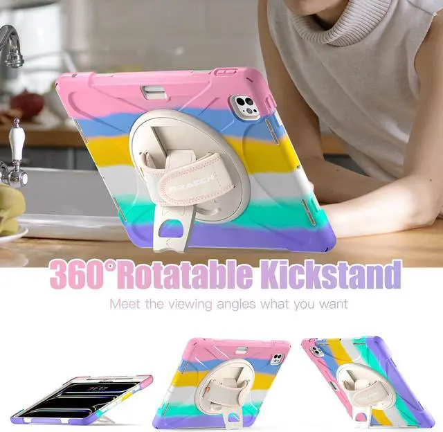 Alt view image 4 of 5 - BRAECNstock Kids Case for Apple iPad Pro 13 inch 2024 (M4 7th Gen),Shockproof Protective iPad 13 Pro Case with Pen Holder [360 Rotating Hand Strap & Stand], Shoulder Strap, Colorful Pink