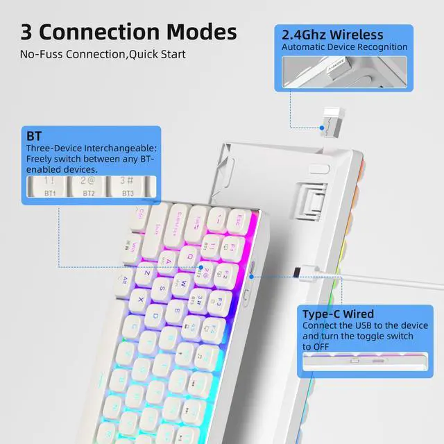 Alt view image 2 of 5 - Camiysn Wireless RGB Mechanical Keyboard Moon84 Triple Mode 2.4GHz/BT/USB-C Wired Office White Keyboard for Computer/Desktop/PC/Laptop/Surface/Smart TV and Windows 10/8/7Red Switches