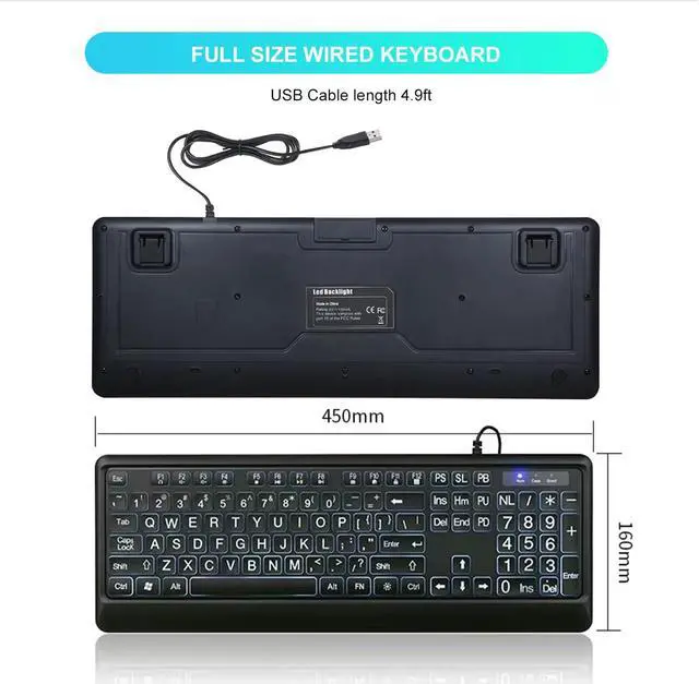 Alt view image 3 of 5 - LOONASA Large Print Backlit Keyboard with Palm Rest, Comfortable Quiet USB Wired Lighted Computer Keyboards, Easy to See & Type, White LED Backlit, Big Letters Keys, Full Size Keyboard for PC, Laptop