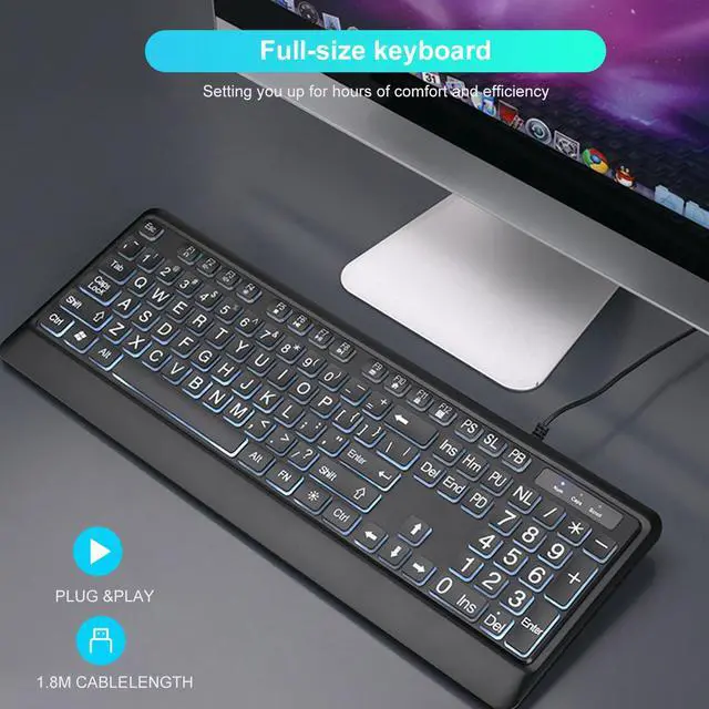 Alt view image 2 of 5 - LOONASA Large Print Backlit Keyboard with Palm Rest, Comfortable Quiet USB Wired Lighted Computer Keyboards, Easy to See & Type, White LED Backlit, Big Letters Keys, Full Size Keyboard for PC, Laptop