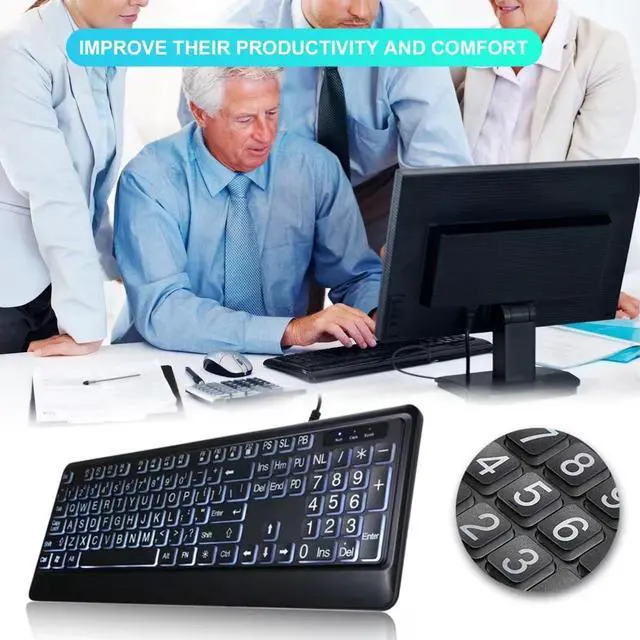 Alt view image 4 of 5 - LOONASA Large Print Backlit Keyboard with Palm Rest, Comfortable Quiet USB Wired Lighted Computer Keyboards, Easy to See & Type, White LED Backlit, Big Letters Keys, Full Size Keyboard for PC, Laptop