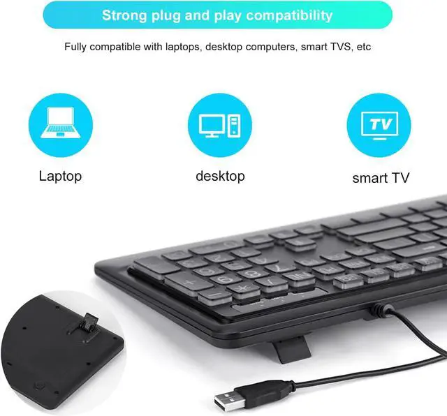 Alt view image 5 of 5 - LOONASA Large Print Backlit Keyboard with Palm Rest, Comfortable Quiet USB Wired Lighted Computer Keyboards, Easy to See & Type, White LED Backlit, Big Letters Keys, Full Size Keyboard for PC, Laptop