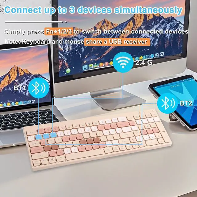Alt view image 3 of 5 - Wireless Keyboard and Mouse Combo Beige Full Size 2.4GHz & Bluetooth Keyboard Mouse Set Ergonomic Rechargeable 105 Keys Ultra Thin Colorful Keyboard and Silent Mouse for Laptop PC Desktop Computer Mac