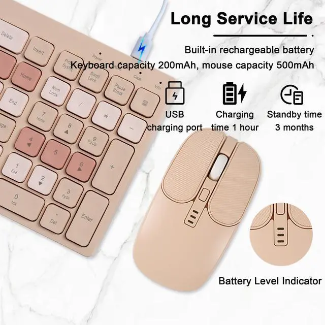 Alt view image 5 of 5 - Wireless Keyboard and Mouse Combo Beige Full Size 2.4GHz & Bluetooth Keyboard Mouse Set Ergonomic Rechargeable 105 Keys Ultra Thin Colorful Keyboard and Silent Mouse for Laptop PC Desktop Computer Mac