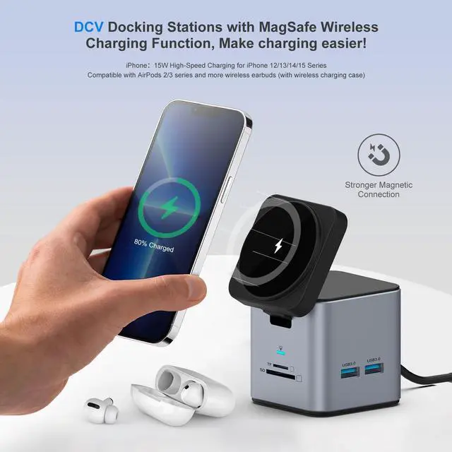 Alt view image 2 of 5 - USB C Laptop Docking Station with MagSafe Charger Stand, 9 in 1 USB C Hub Multiport Adapter with 4K HDMI, 1Gbps Ethernet, 3 USB 3.0, SD/TF, Compatible with MacBook/Dell/HP/Lenovo/iPhone (Silver Gray)