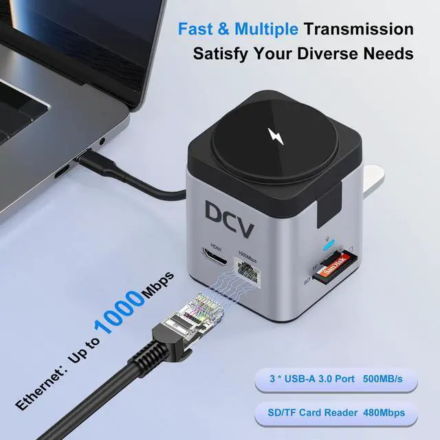 Alt view image 4 of 5 - USB C Laptop Docking Station with MagSafe Charger Stand, 9 in 1 USB C Hub Multiport Adapter with 4K HDMI, 1Gbps Ethernet, 3 USB 3.0, SD/TF, Compatible with MacBook/Dell/HP/Lenovo/iPhone (Silver Gray)