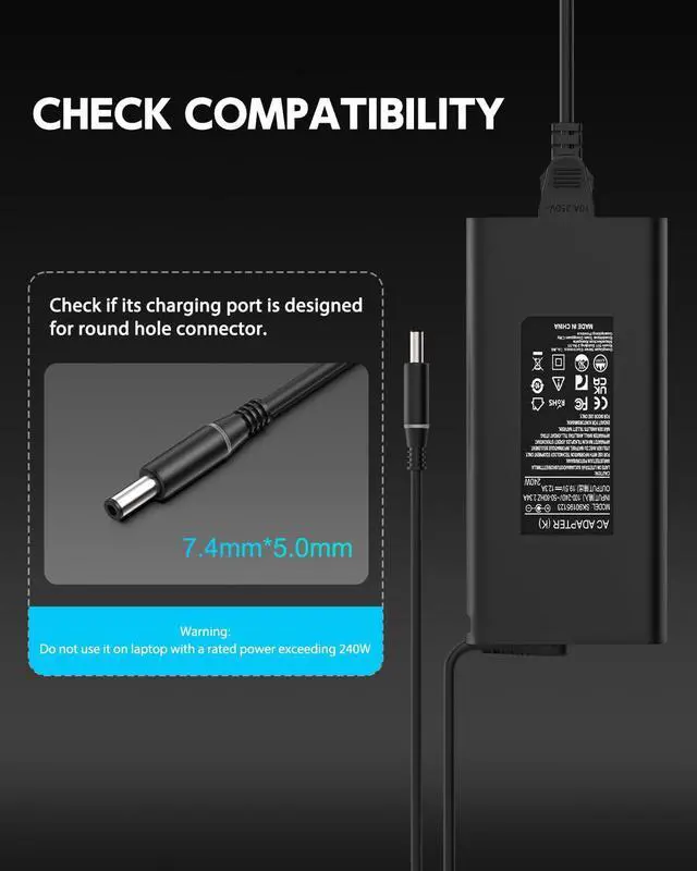 Alt view image 5 of 5 - 240W 180W Laptop Charger for Dell G3 G5 G7 G15 G16 Series Gaming Laptop, Alienware M15 M17 X15 X16 X17 R3 R4 R5 R67 R7,Inspiron 5510 5520 5521 5525 5535 5500 5511 AC Adapter Power Supply Cord