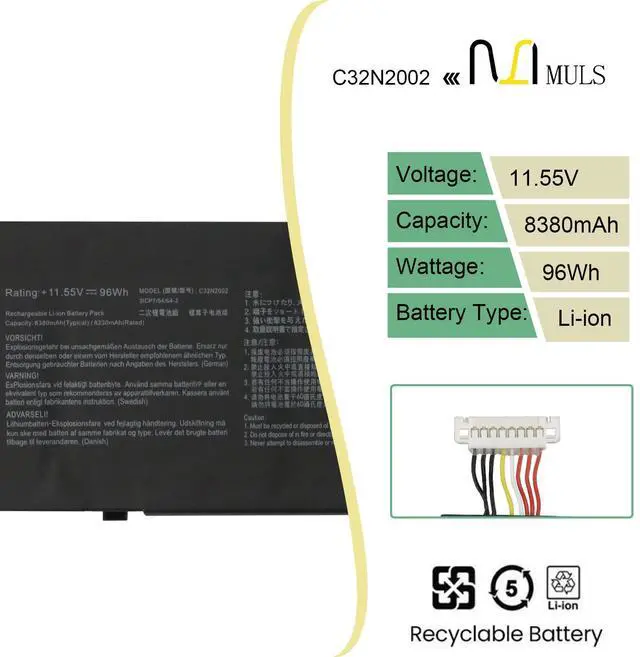 Alt view image 2 of 5 - MULS 96Wh C32N2002 Laptop Battery for ASUS ZenBook Pro 15 OLED UM535 UM535QA UX535 UX535LI UX564PH Flip 15 UX535LI UX564EH UX564EI UX564PH UM535QA-KY901T 0B200-03770000 8380mAh 11.55V 6 Cell