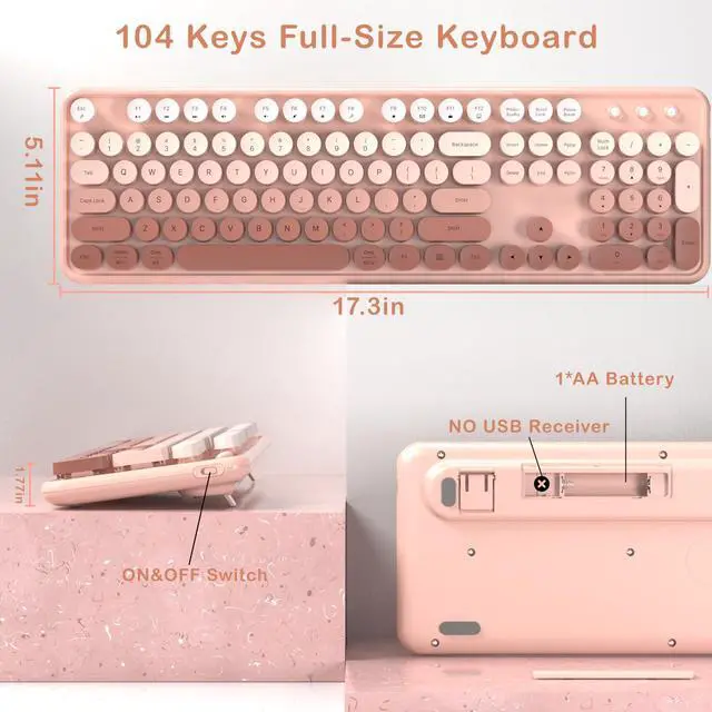 Alt view image 5 of 5 - Colorful Wireless Keyboard and Mouse Combo, COVEVA 2.4GHz Wireless Retro Cute Round Keycaps Keyboard, 104 Keys Full-Sized Keyboard Mouse Set with Switch Button for PC Laptop Desktop (Rose Gradient)