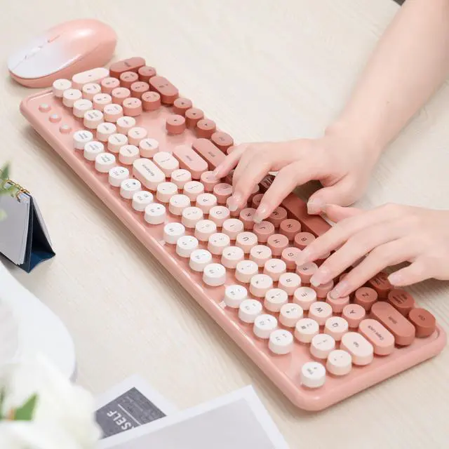 Alt view image 3 of 5 - Colorful Wireless Keyboard and Mouse Combo, COVEVA 2.4GHz Wireless Retro Cute Round Keycaps Keyboard, 104 Keys Full-Sized Keyboard Mouse Set with Switch Button for PC Laptop Desktop (Rose Gradient)
