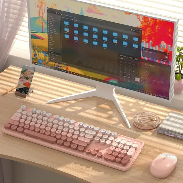 Alt view image 2 of 5 - Colorful Wireless Keyboard and Mouse Combo, COVEVA 2.4GHz Wireless Retro Cute Round Keycaps Keyboard, 104 Keys Full-Sized Keyboard Mouse Set with Switch Button for PC Laptop Desktop (Rose Gradient)