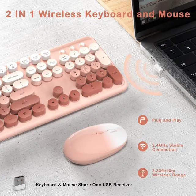 Alt view image 4 of 5 - Colorful Wireless Keyboard and Mouse Combo, COVEVA 2.4GHz Wireless Retro Cute Round Keycaps Keyboard, 104 Keys Full-Sized Keyboard Mouse Set with Switch Button for PC Laptop Desktop (Rose Gradient)