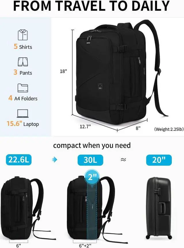 Alt view image 3 of 5 - ECOHUB Carry On Travel Backpack, Expandable Airlines Personal Item Bag 18x14x8, Water Resistant 17 inch Laptop Backpack Flight Approved, 12 Pockets 30L Work Backpacks with Wet Pocket & Cable Slot