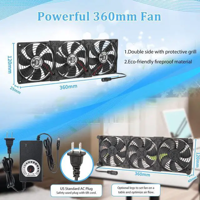 Alt view image 4 of 5 - Eiovnur Big Airflow 3 x 120mm 14'' Computer Fan with AC Plug, AC 110V to 240V Variable Speed Fan, for Small DIY Project Cabinet Chassis Machine Server Workstation Greenhouse Garage Cooling