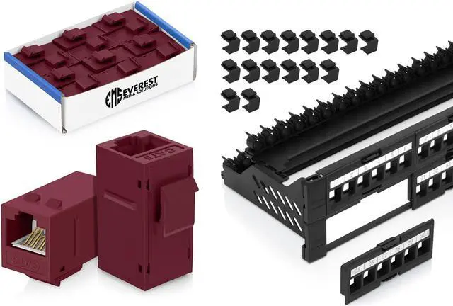 Main image of Everest Media Solutions Bundle  2 Items: 48-Port Keystone Patch Panel + 12 Pack of RJ45 CAT6 Keystone Couplers - Red