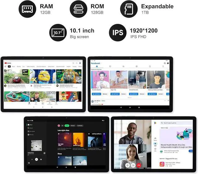 Alt view image 3 of 5 - FancyFish 10.1 inch Android 12 Tablet, Octa-Core CPU, 12(6+6) GB RAM+128GB ROM+1TB Expandable Computer Tablets PC, 1920 * 1200 FHD IPS Screen, 5+13MP Dual Camera, GMS Certified Tablet Light-Blue