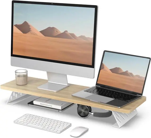 Main image of Fenge Monitor Stand Riser, 32 Inch Desk Top Shelf for 2 Monitors, Computer Stands for Desk, Wood & Steel Desktop Riser for Laptop, PC, Printer