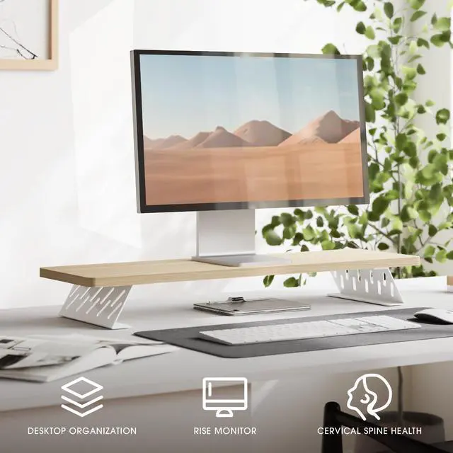 Alt view image 2 of 5 - Fenge Monitor Stand Riser, 32 Inch Desk Top Shelf for 2 Monitors, Computer Stands for Desk, Wood & Steel Desktop Riser for Laptop, PC, Printer