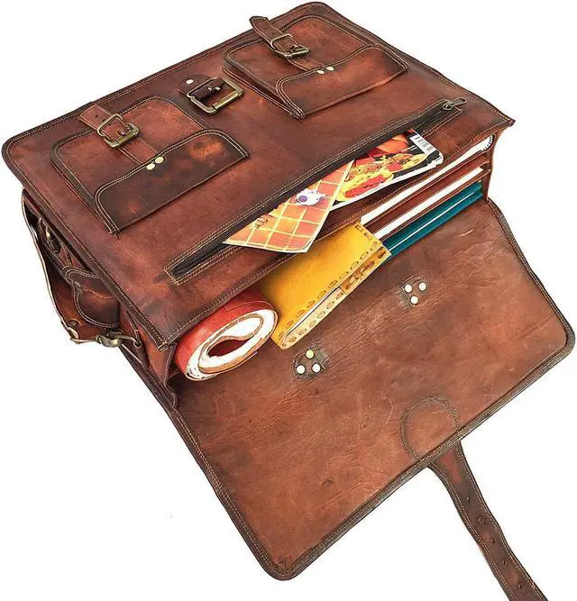 Alt view image 2 of 4 - 18 Inch Retro Vintage Handmade Leather Messenger Bag for Laptop Briefcase Best Computer Satchel School distressed Bag With Removable Felt Laptop Sleeve with Handles (Without Felt Sleeve)
