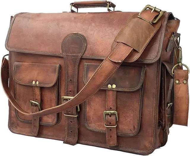 Main image of 18 Inch Retro Vintage Handmade Leather Messenger Bag for Laptop Briefcase Best Computer Satchel School distressed Bag With Removable Felt Laptop Sleeve with Handles (Without Felt Sleeve)