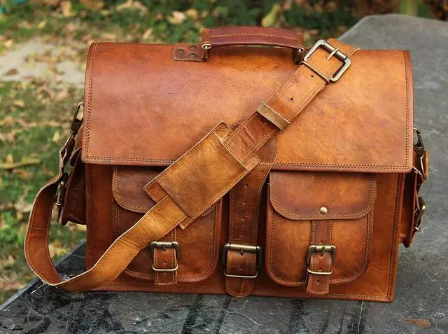 Alt view image 4 of 4 - 18 Inch Retro Vintage Handmade Leather Messenger Bag for Laptop Briefcase Best Computer Satchel School distressed Bag With Removable Felt Laptop Sleeve with Handles (Without Felt Sleeve)