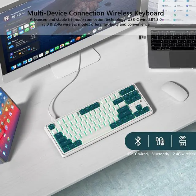 Alt view image 4 of 5 - FL ESPORTS 75% Keyboard, Wireless Gaming Keyboard, 3-Modes Creamy Mechanical Keyboard Hot-Swap, 87 Key RGB Keyboard with Pre-lubed Linear Switch for PC/Tablet/PS/Xbox (Green)