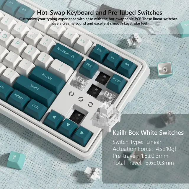 Alt view image 5 of 5 - FL ESPORTS 75% Keyboard, Wireless Gaming Keyboard, 3-Modes Creamy Mechanical Keyboard Hot-Swap, 87 Key RGB Keyboard with Pre-lubed Linear Switch for PC/Tablet/PS/Xbox (Green)