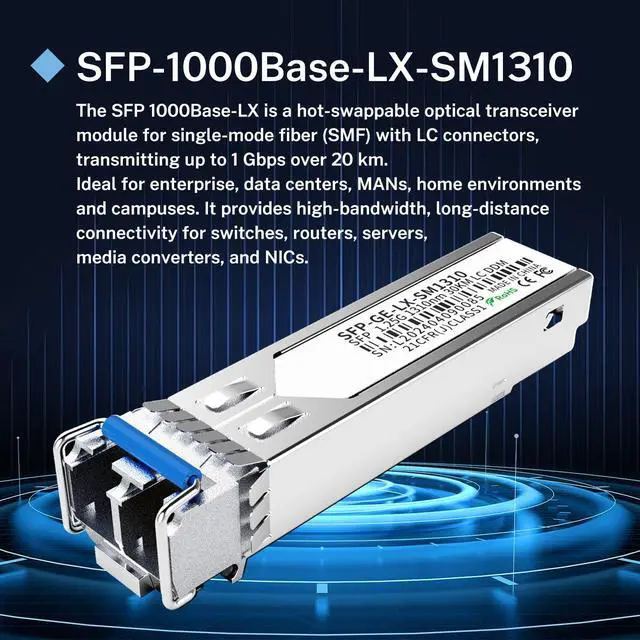 Alt view image 3 of 5 - 4Pack 1.25G SFP LC Module 1000Base-LX Single-Mode Transceiver (SMF, 1310nm, 20km, DDM) - Compatible with Cisco GLC-LH-SMD, Ubiquiti UniFi, Meraki, Fortinet, Mikrotik, TP-Link, Netgear, Aruba and More