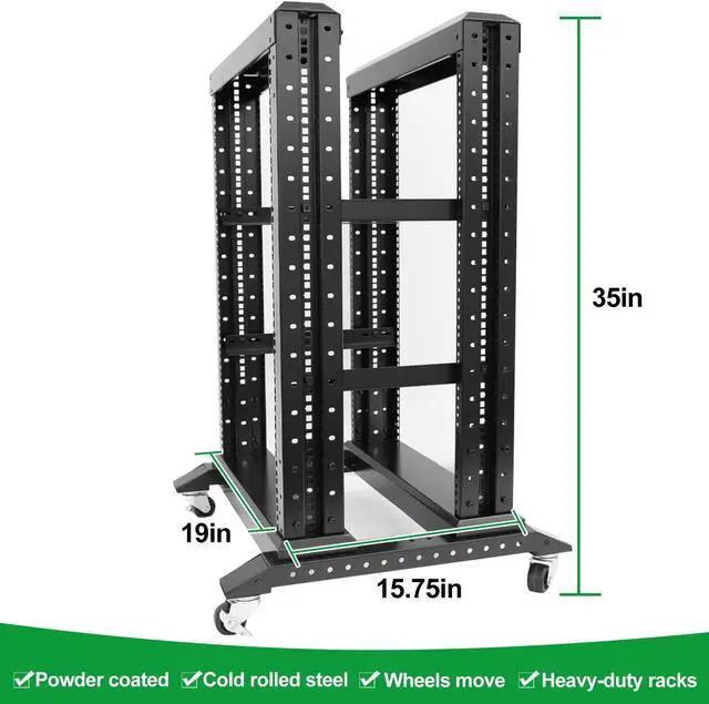 Alt view image 2 of 5 - 15U Server Rack/4-Post 19in Network Rack/Open Frame Rack with Wheels, Heavy-Duty Frame Cabinet/Adjustable Depth 15.75-13.75in GLOBALRACK(4POST-600-15U)